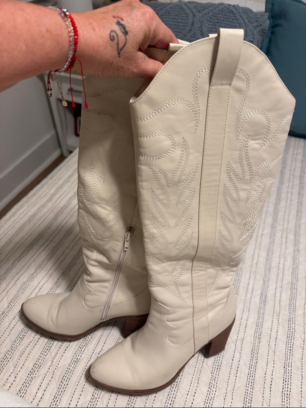 MIA Cream Western Knee-High Heeled Boots